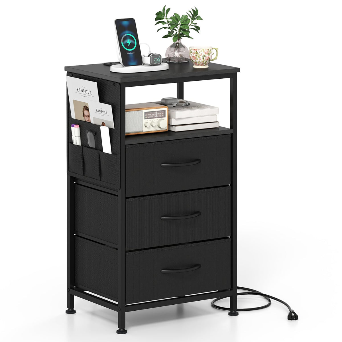 Nightstand with Charging Station 27.5 inch Modern Bedside Table with 3 Fabric Drawers-Black