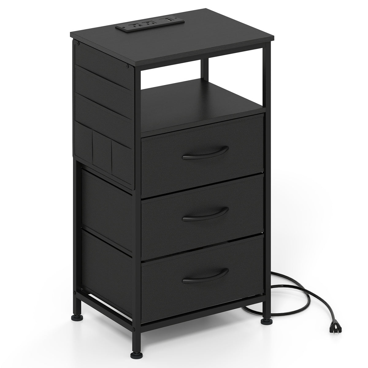 Nightstand with Charging Station 27.5 inch Modern Bedside Table with 3 Fabric Drawers-Black view 4
