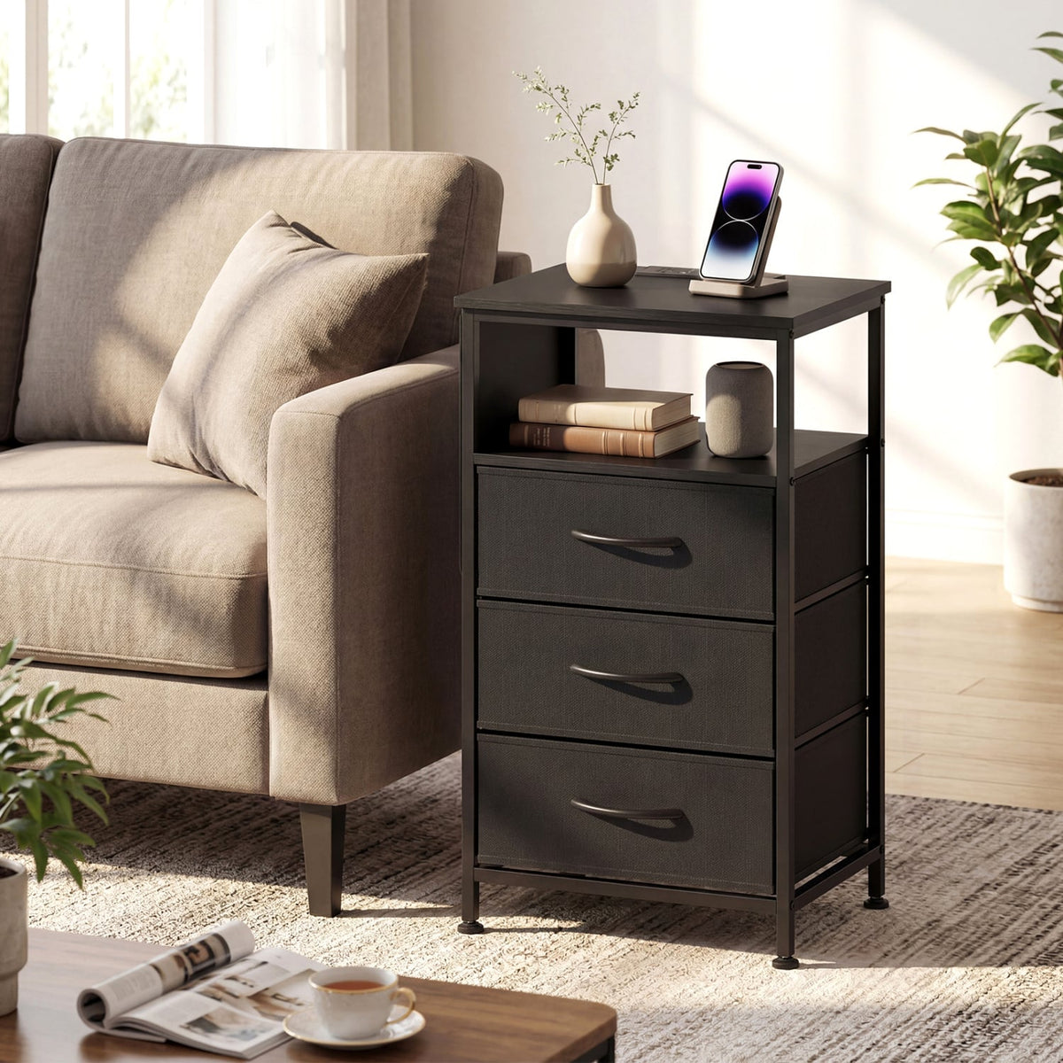 Nightstand with Charging Station 27.5 inch Modern Bedside Table with 3 Fabric Drawers-Black view 2