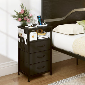 Nightstand with Charging Station 27.5 inch Modern Bedside Table with 3 Fabric Drawers-Black view 3