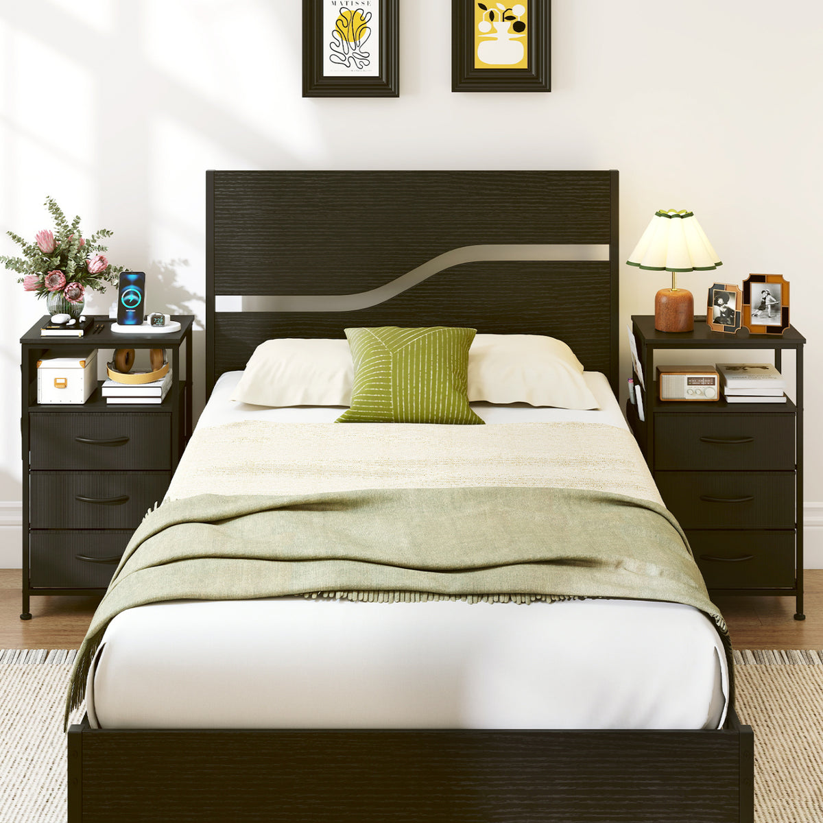 Nightstand with Charging Station 27.5 inch Modern Bedside Table with 3 Fabric Drawers-Black view 6