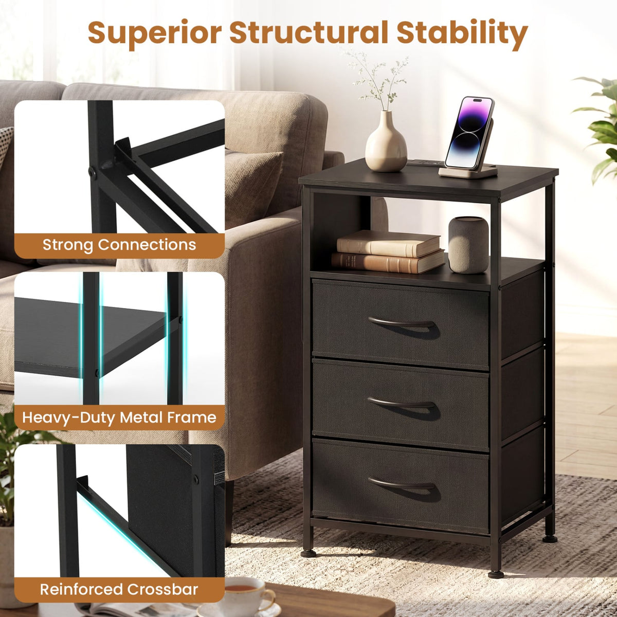Nightstand with Charging Station 27.5 inch Modern Bedside Table with 3 Fabric Drawers-Black view 8