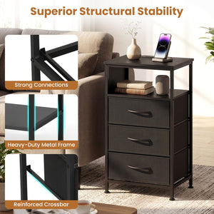 Nightstand with Charging Station 27.5 inch Modern Bedside Table with 3 Fabric Drawers-Black view 8