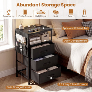 Nightstand with Charging Station 27.5 inch Modern Bedside Table with 3 Fabric Drawers-Black view 9