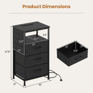 Nightstand with Charging Station 27.5 inch Modern Bedside Table with 3 Fabric Drawers-Black view 5