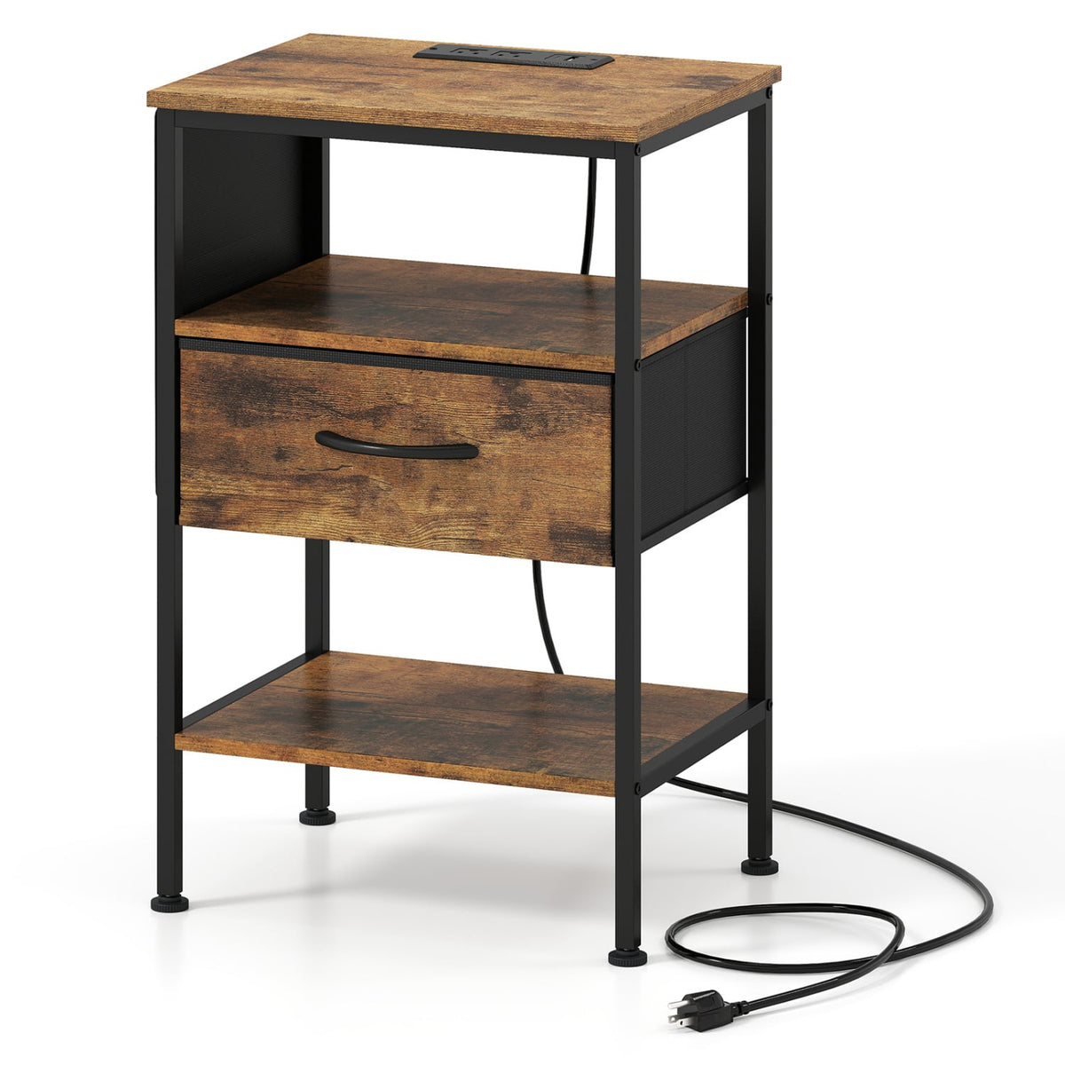 Nightstand with Charging Station 24.5 inch Modern Bedside Table with Fabric Drawer-Rustic Brown