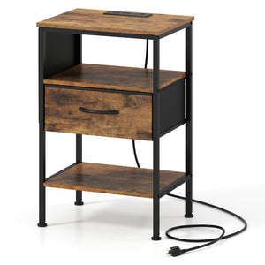Nightstand with Charging Station 24.5 inch Modern Bedside Table with Fabric Drawer-Rustic Brown
