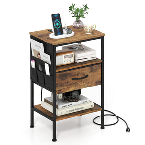 Nightstand with Charging Station 24.5 inch Modern Bedside Table with Fabric Drawer-Rustic Brown view 4
