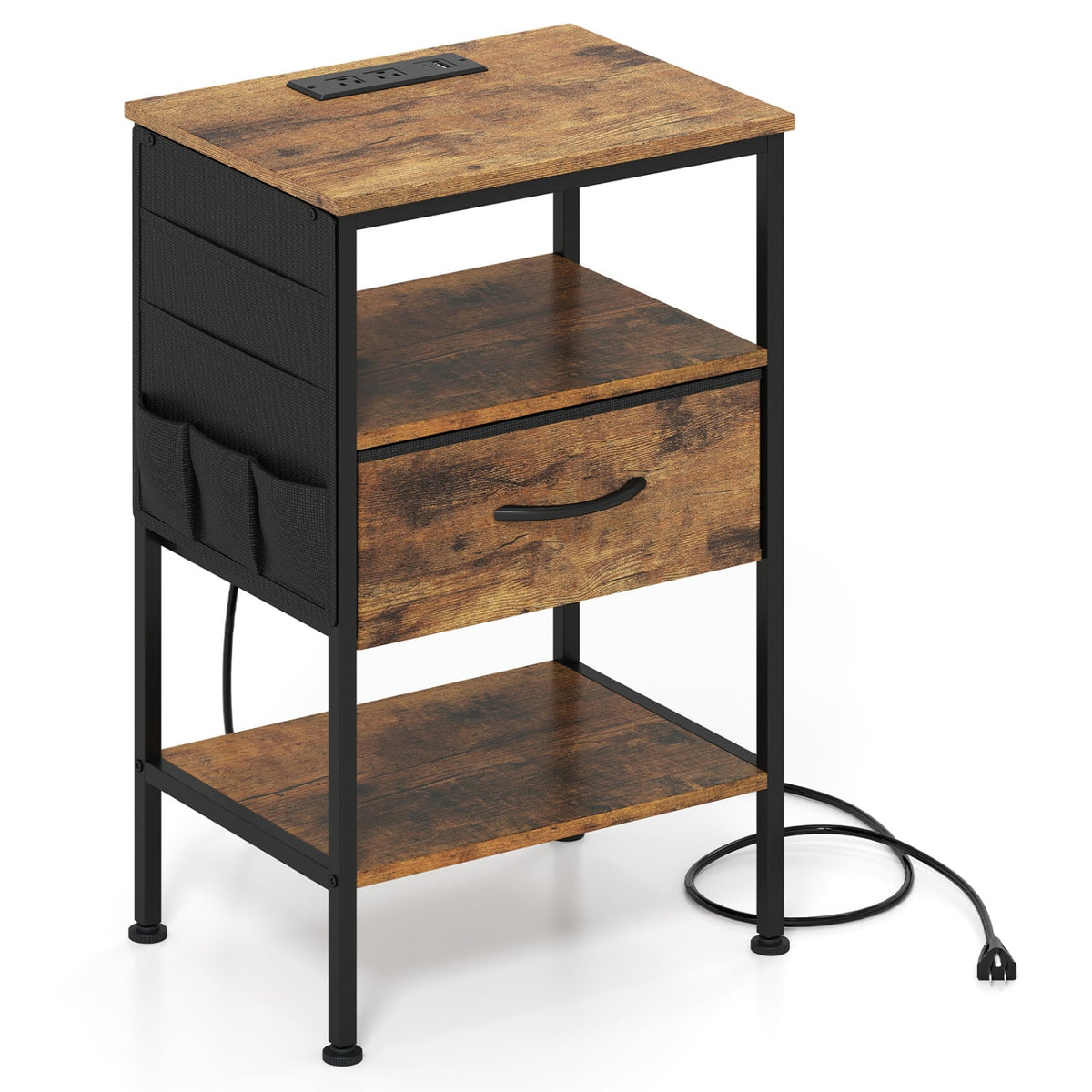 Nightstand with Charging Station 24.5 inch Modern Bedside Table with Fabric Drawer-Rustic Brown view 7