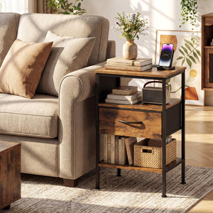 Nightstand with Charging Station 24.5 inch Modern Bedside Table with Fabric Drawer-Rustic Brown view 2
