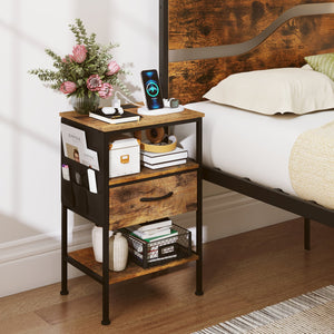 Nightstand with Charging Station 24.5 inch Modern Bedside Table with Fabric Drawer-Rustic Brown view 3