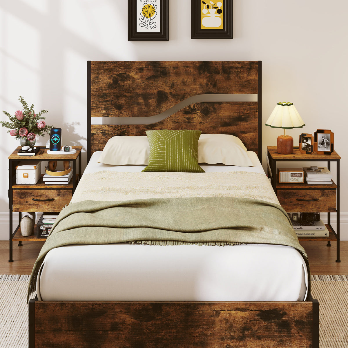 Nightstand with Charging Station 24.5 inch Modern Bedside Table with Fabric Drawer-Rustic Brown view 6