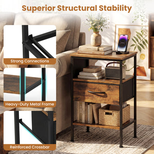 Nightstand with Charging Station 24.5 inch Modern Bedside Table with Fabric Drawer-Rustic Brown view 9