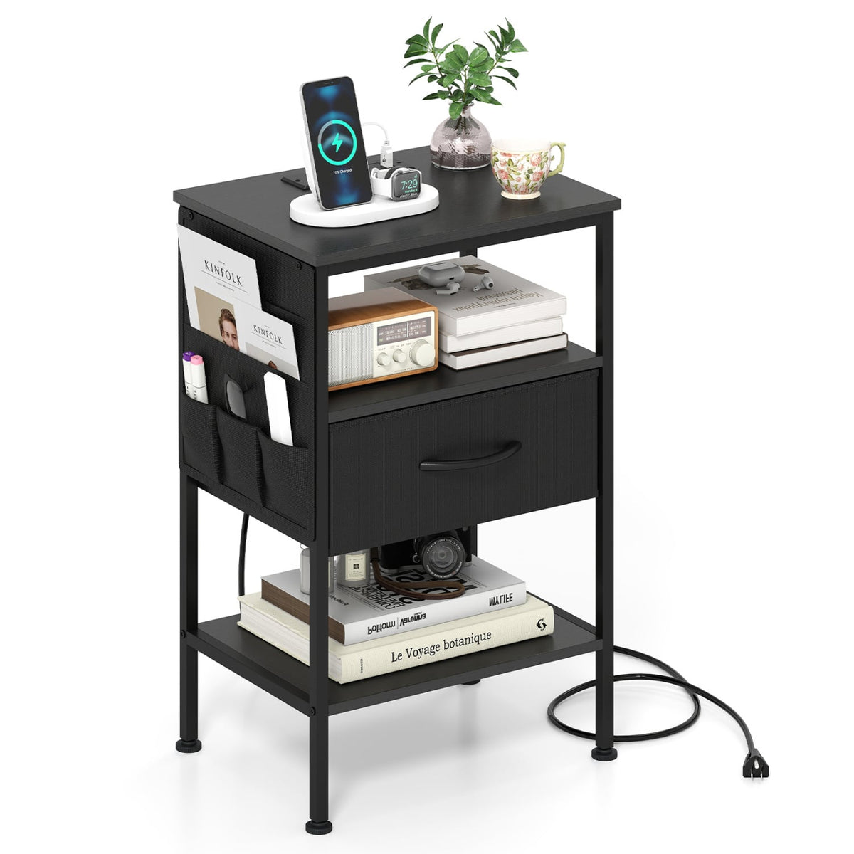 Nightstand with Charging Station 24.5 inch Modern Bedside Table with Fabric Drawer-Black view 4