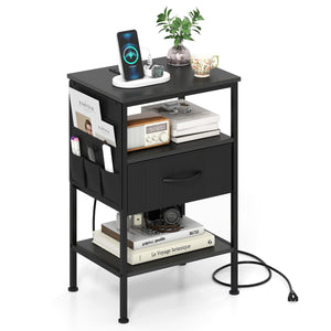 Nightstand with Charging Station 24.5 inch Modern Bedside Table with Fabric Drawer-Black view 4