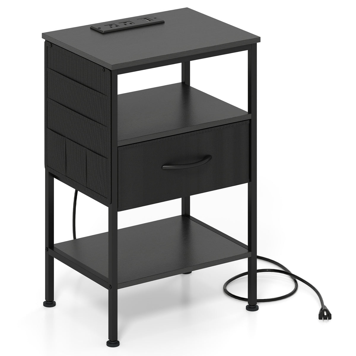Nightstand with Charging Station 24.5 inch Modern Bedside Table with Fabric Drawer-Black view 7