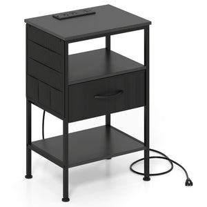 Nightstand with Charging Station 24.5 inch Modern Bedside Table with Fabric Drawer-Black view 7