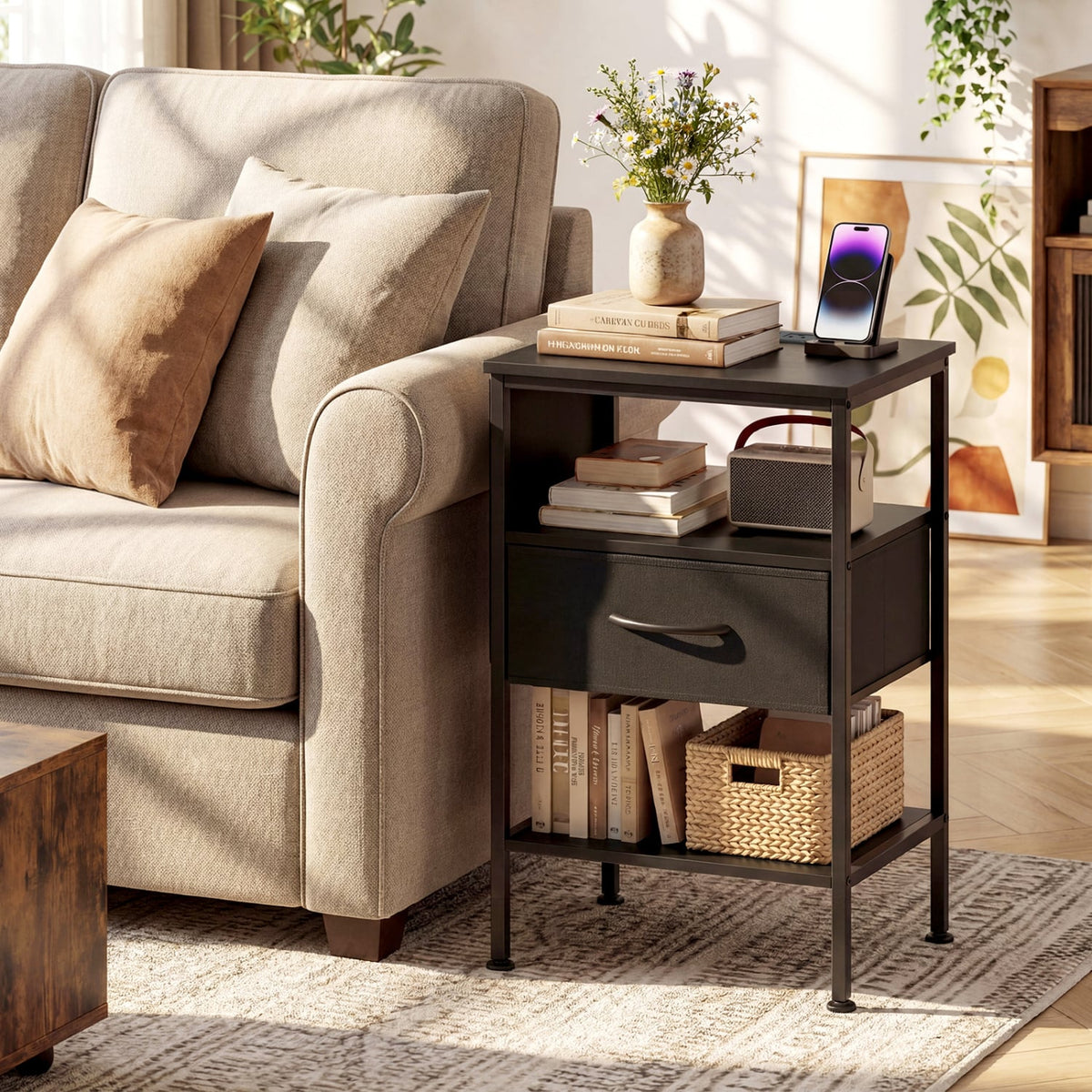 Nightstand with Charging Station 24.5 inch Modern Bedside Table with Fabric Drawer-Black view 2