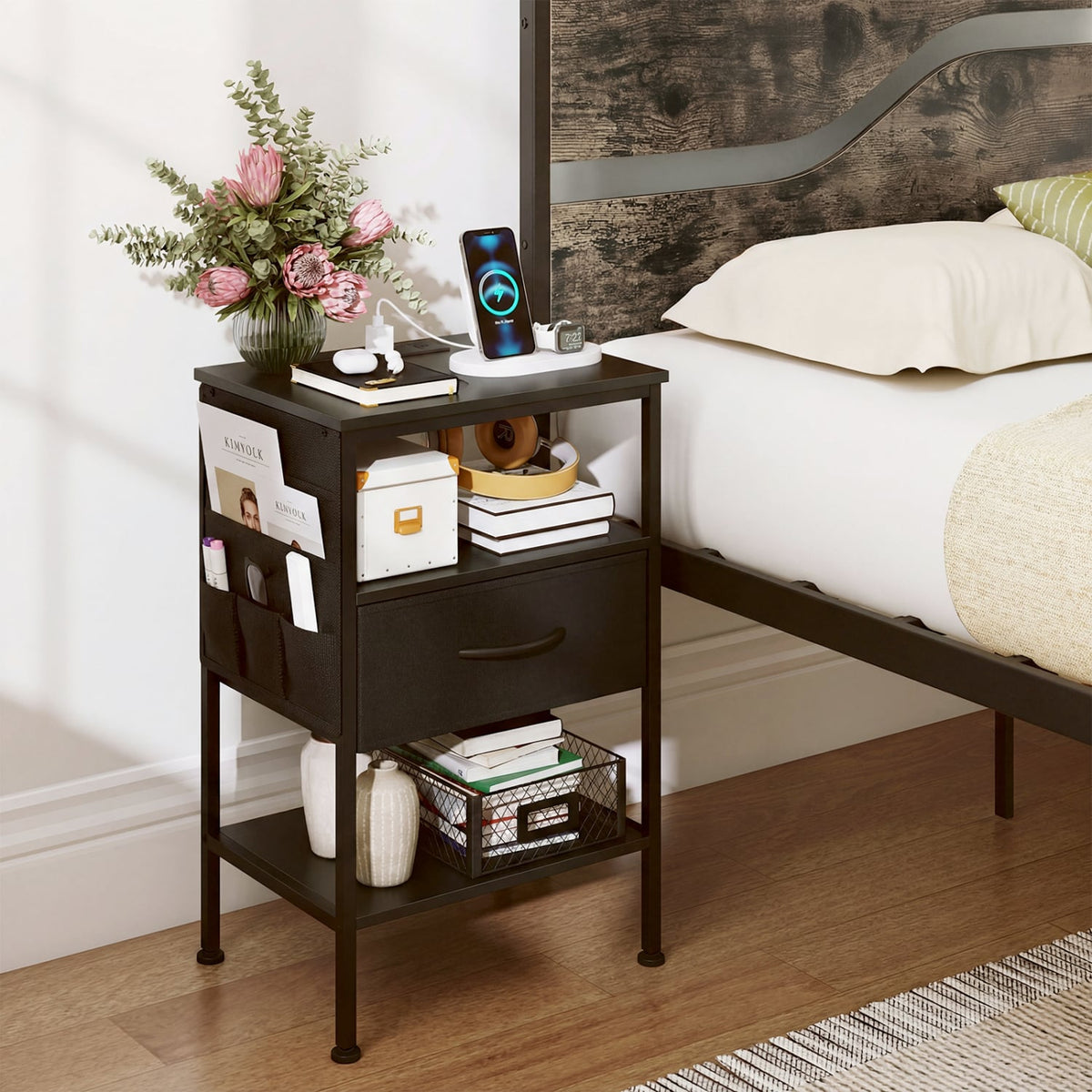 Nightstand with Charging Station 24.5 inch Modern Bedside Table with Fabric Drawer-Black view 3