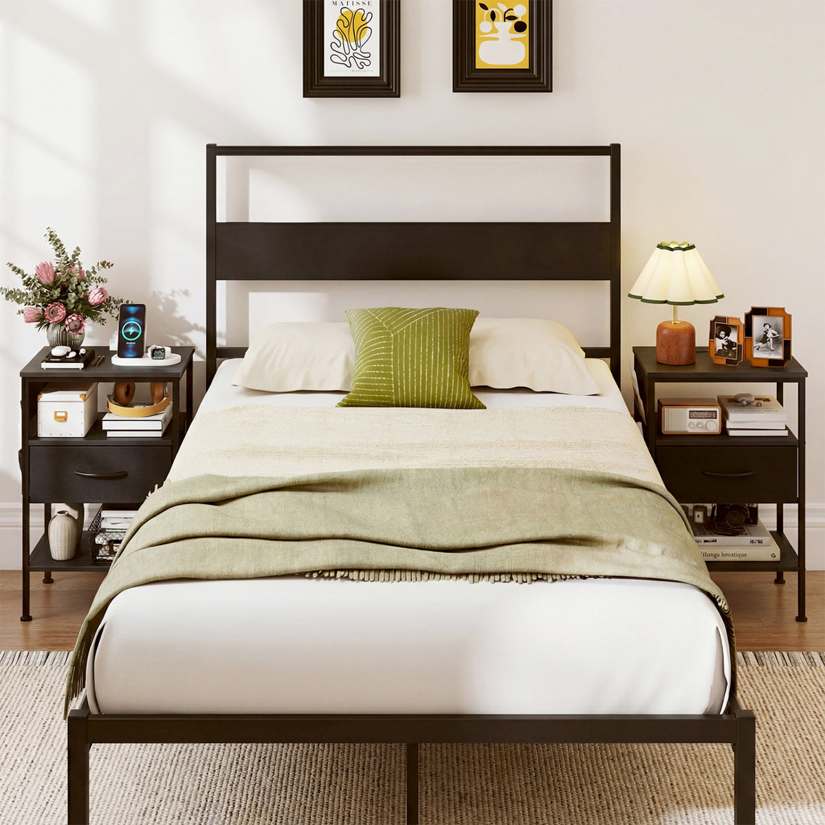 Nightstand with Charging Station 24.5 inch Modern Bedside Table with Fabric Drawer-Black view 6