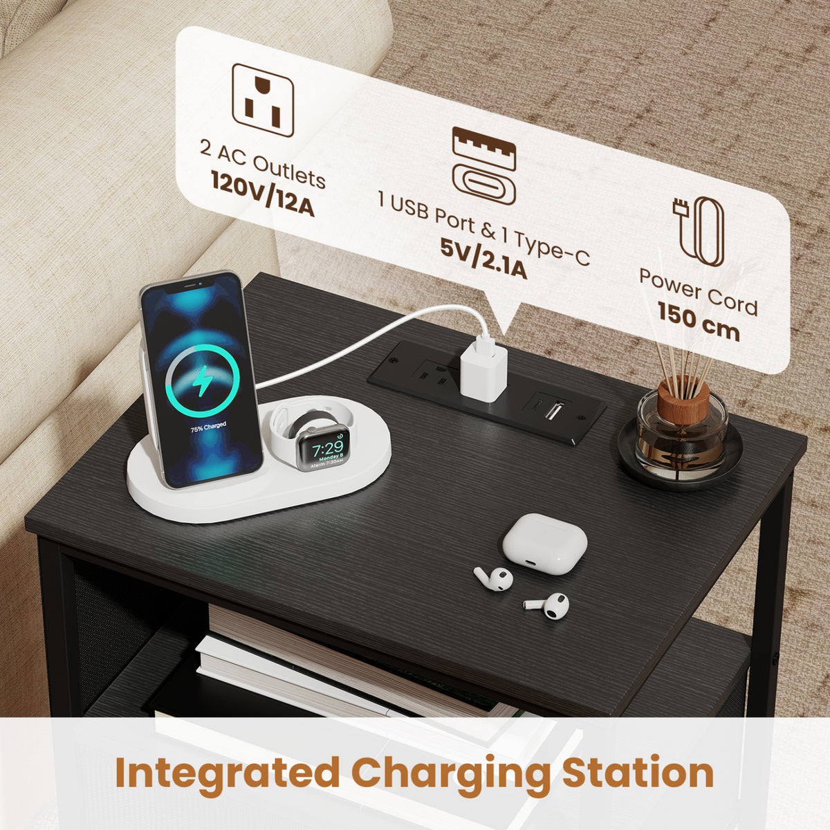 Nightstand with Charging Station 24.5 inch Modern Bedside Table with Fabric Drawer-Black view 8