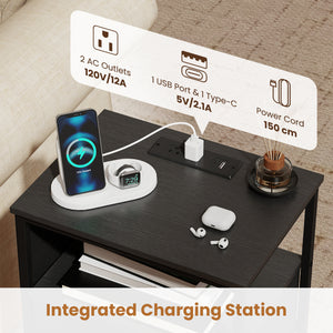 Nightstand with Charging Station 24.5 inch Modern Bedside Table with Fabric Drawer-Black view 8