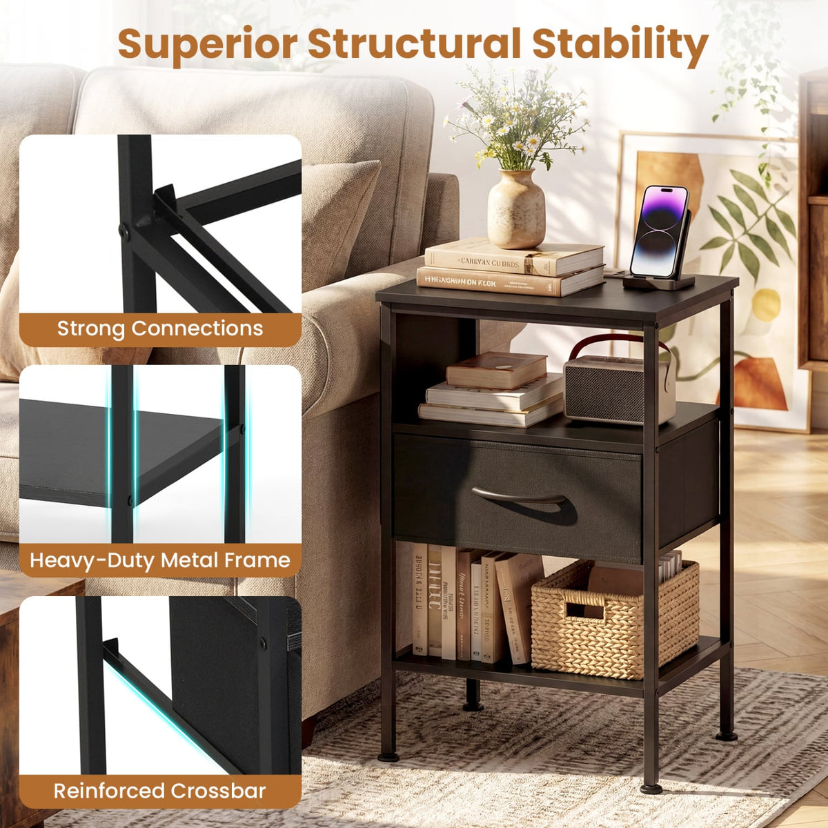 Nightstand with Charging Station 24.5 inch Modern Bedside Table with Fabric Drawer-Black view 9