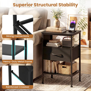 Nightstand with Charging Station 24.5 inch Modern Bedside Table with Fabric Drawer-Black view 9