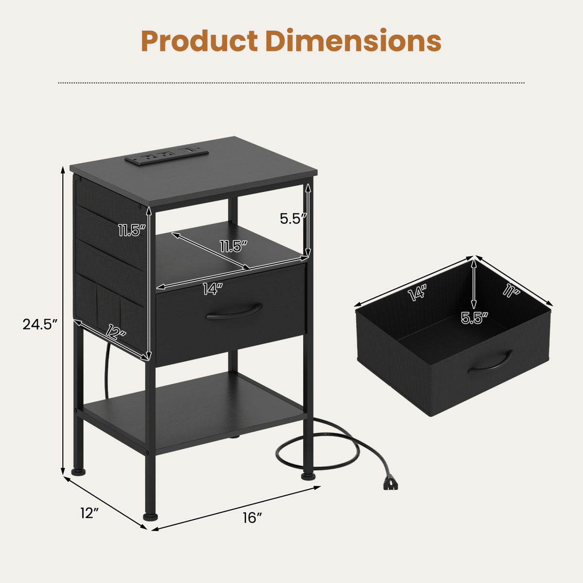 Nightstand with Charging Station 24.5 inch Modern Bedside Table with Fabric Drawer-Black view 5