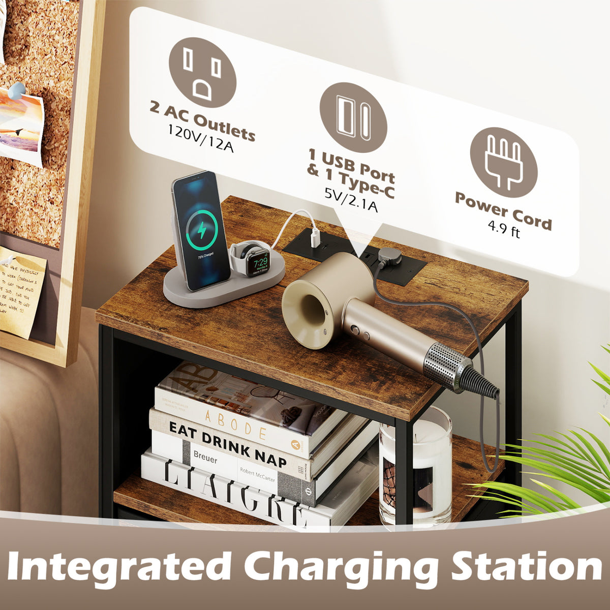 Nightstand with Integrated Charging Station 39 Inches Modern Bedside Table-Brown view 7