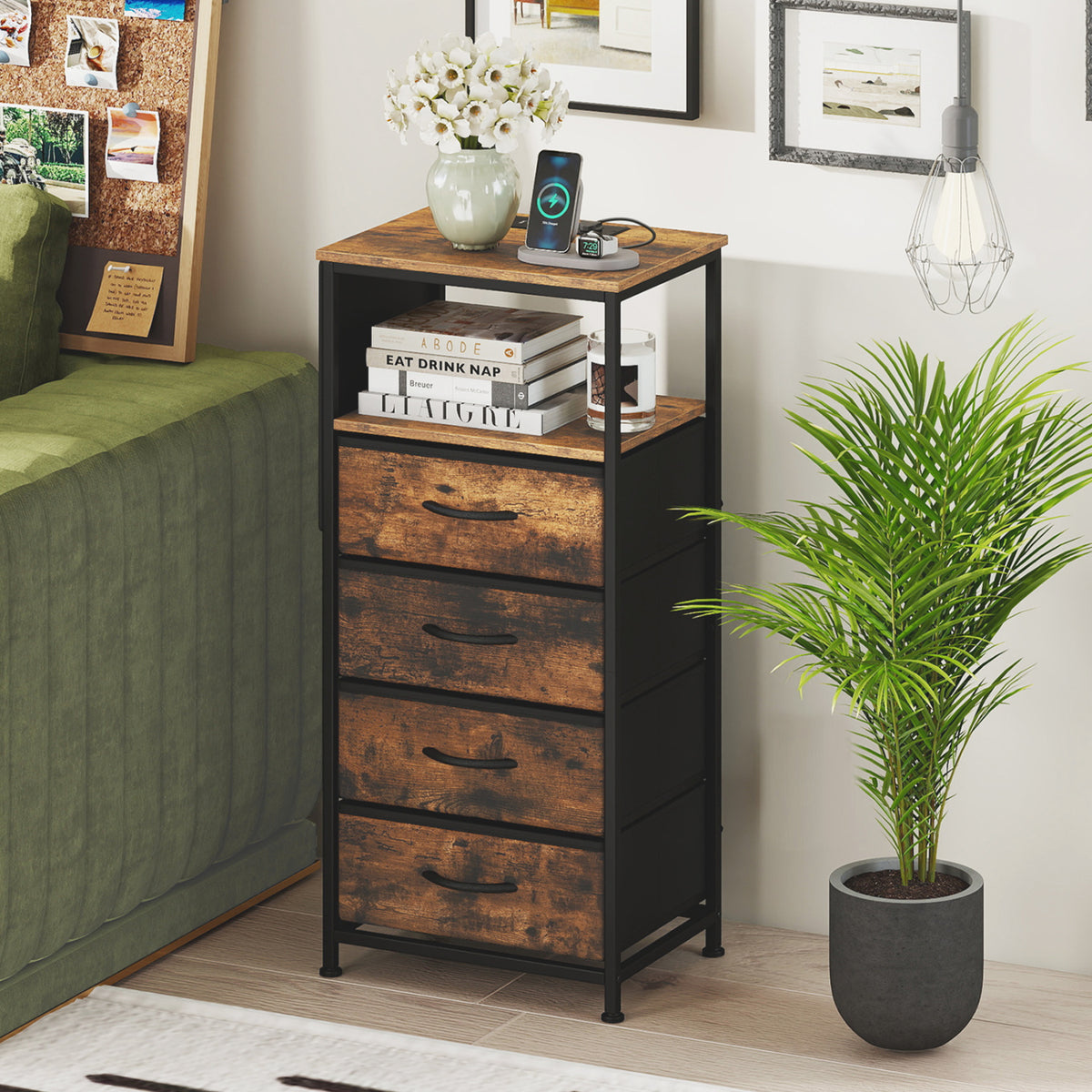 Nightstand with Integrated Charging Station 34 inches Modern Bedside Table-Rustic Brown view 2