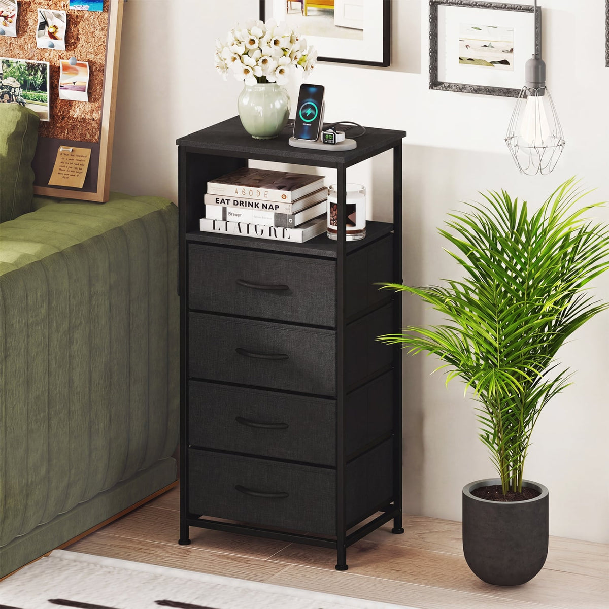 Nightstand with Integrated Charging Station 34 inches Modern Bedside Table-Black view 2