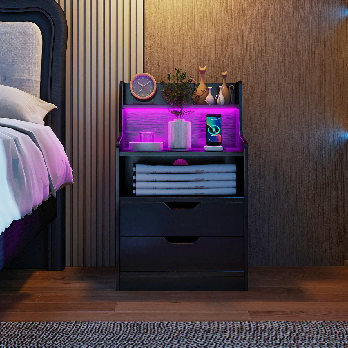 Nightstand with LED Light and Charging Station for Living Room Bedroom-Black view 2