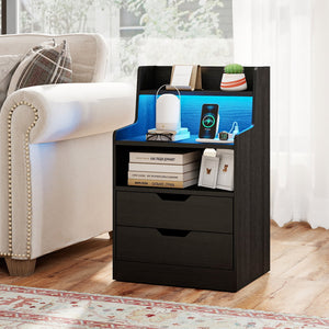 Nightstand with LED Light and Charging Station for Living Room Bedroom-Black view 3