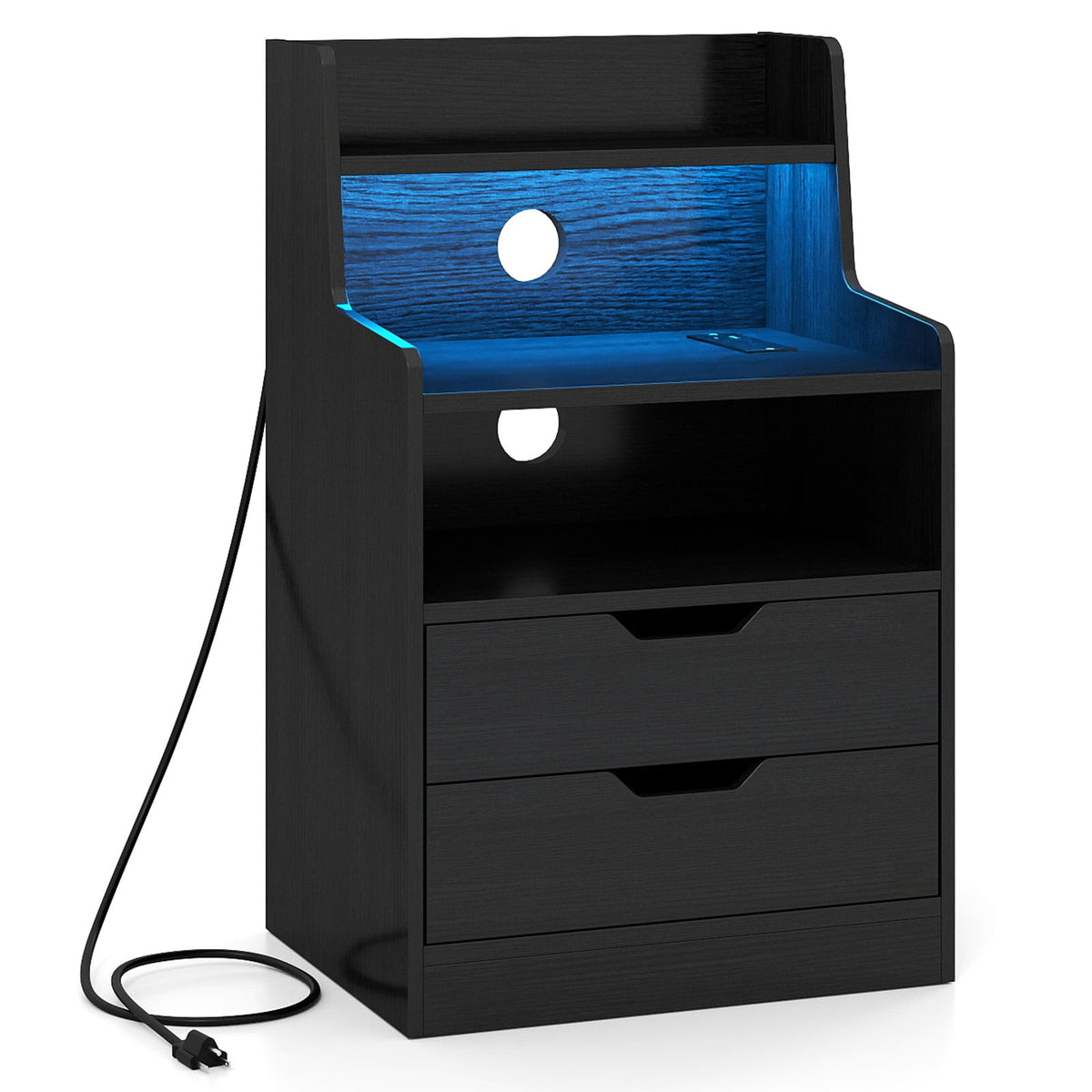 Nightstand with LED Light and Charging Station for Living Room Bedroom-Black view 4