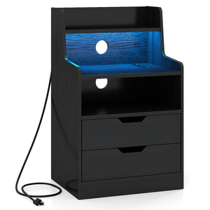 Nightstand with LED Light and Charging Station for Living Room Bedroom-Black view 4