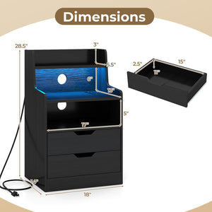 Nightstand with LED Light and Charging Station for Living Room Bedroom-Black view 5