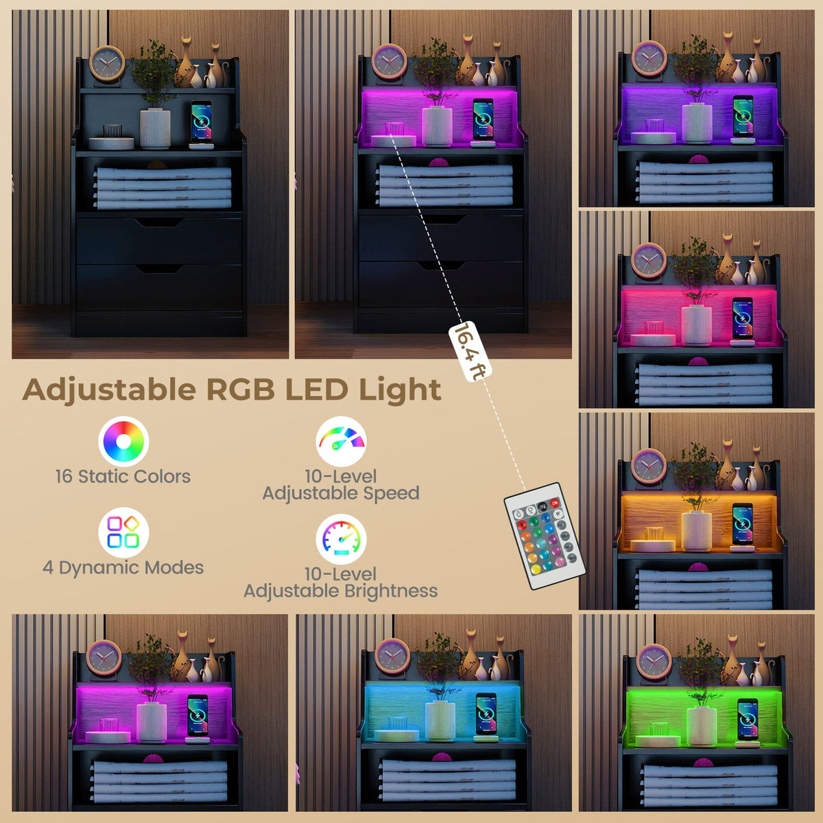 Nightstand with LED Light and Charging Station for Living Room Bedroom-Black view 6