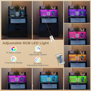 Nightstand with LED Light and Charging Station for Living Room Bedroom-Black view 6