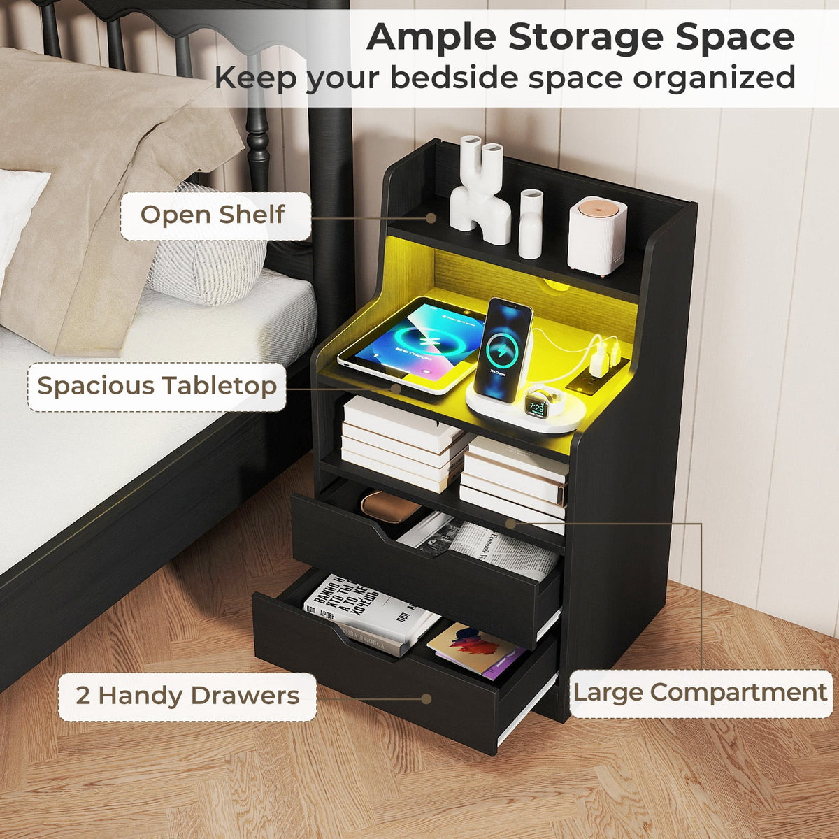 Nightstand with LED Light and Charging Station for Living Room Bedroom-Black view 8