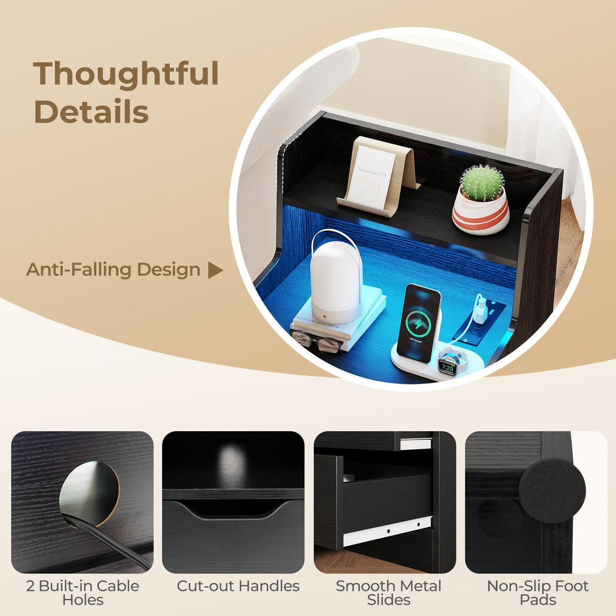Nightstand with LED Light and Charging Station for Living Room Bedroom-Black view 9