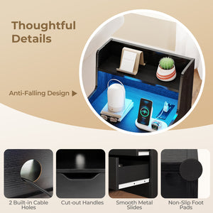 Nightstand with LED Light and Charging Station for Living Room Bedroom-Black view 9