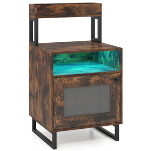 Nightstand with LED Lights Modern End Table with Top Tray Open Compartment and Storage Cabinet-Rustic Brown view 4