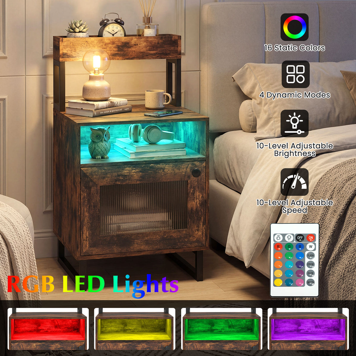 Nightstand with LED Lights Modern End Table with Top Tray Open Compartment and Storage Cabinet-Rustic Brown view 7