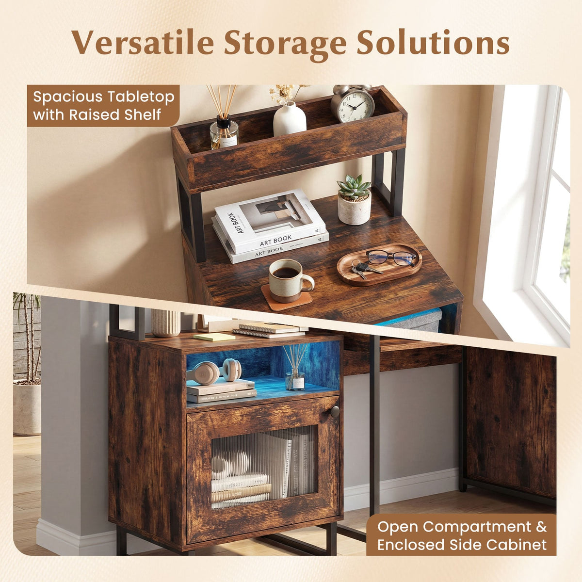 Nightstand with LED Lights Modern End Table with Top Tray Open Compartment and Storage Cabinet-Rustic Brown view 8