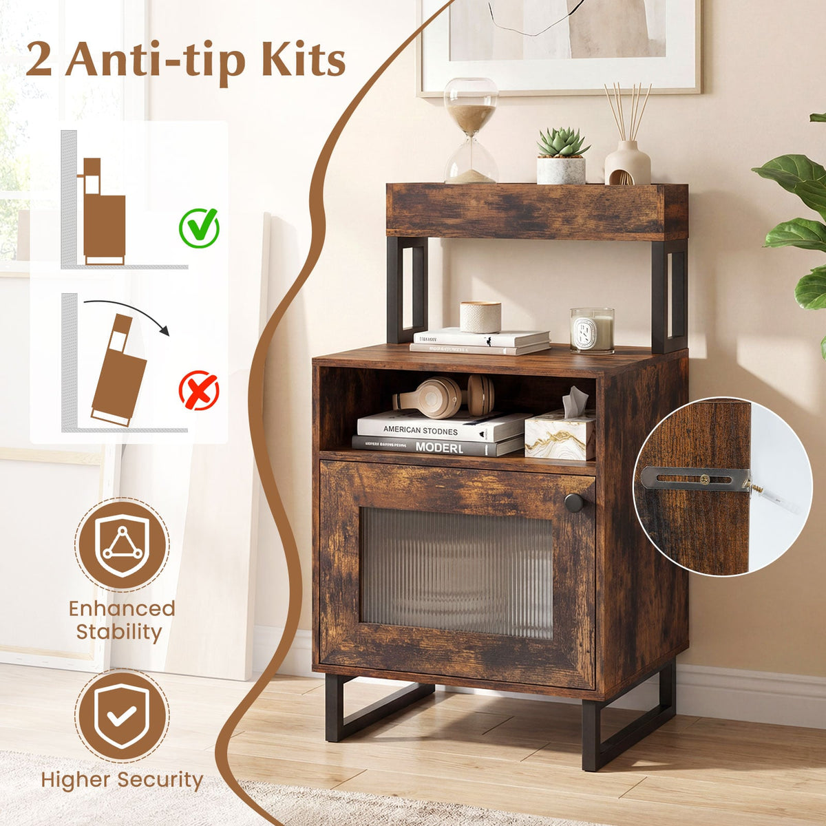 Nightstand with LED Lights Modern End Table with Top Tray Open Compartment and Storage Cabinet-Rustic Brown view 9