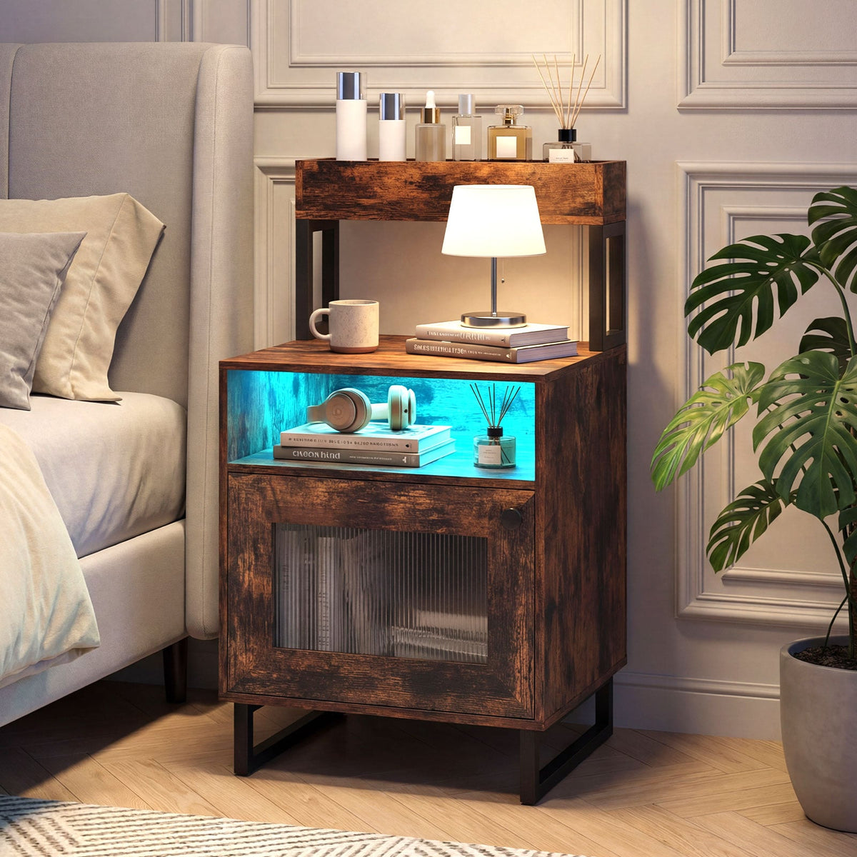 Nightstand with LED Lights Modern End Table with Top Tray Open Compartment and Storage Cabinet-Rustic Brown view 6