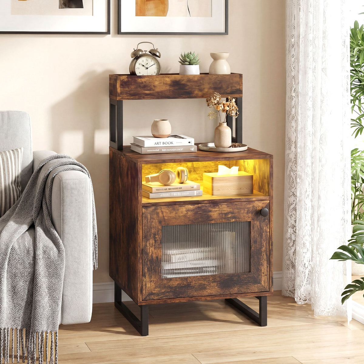 Nightstand with LED Lights Modern End Table with Top Tray Open Compartment and Storage Cabinet-Rustic Brown view 2
