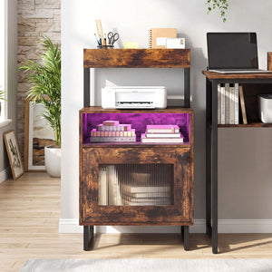 Nightstand with LED Lights Modern End Table with Top Tray Open Compartment and Storage Cabinet-Rustic Brown view 3