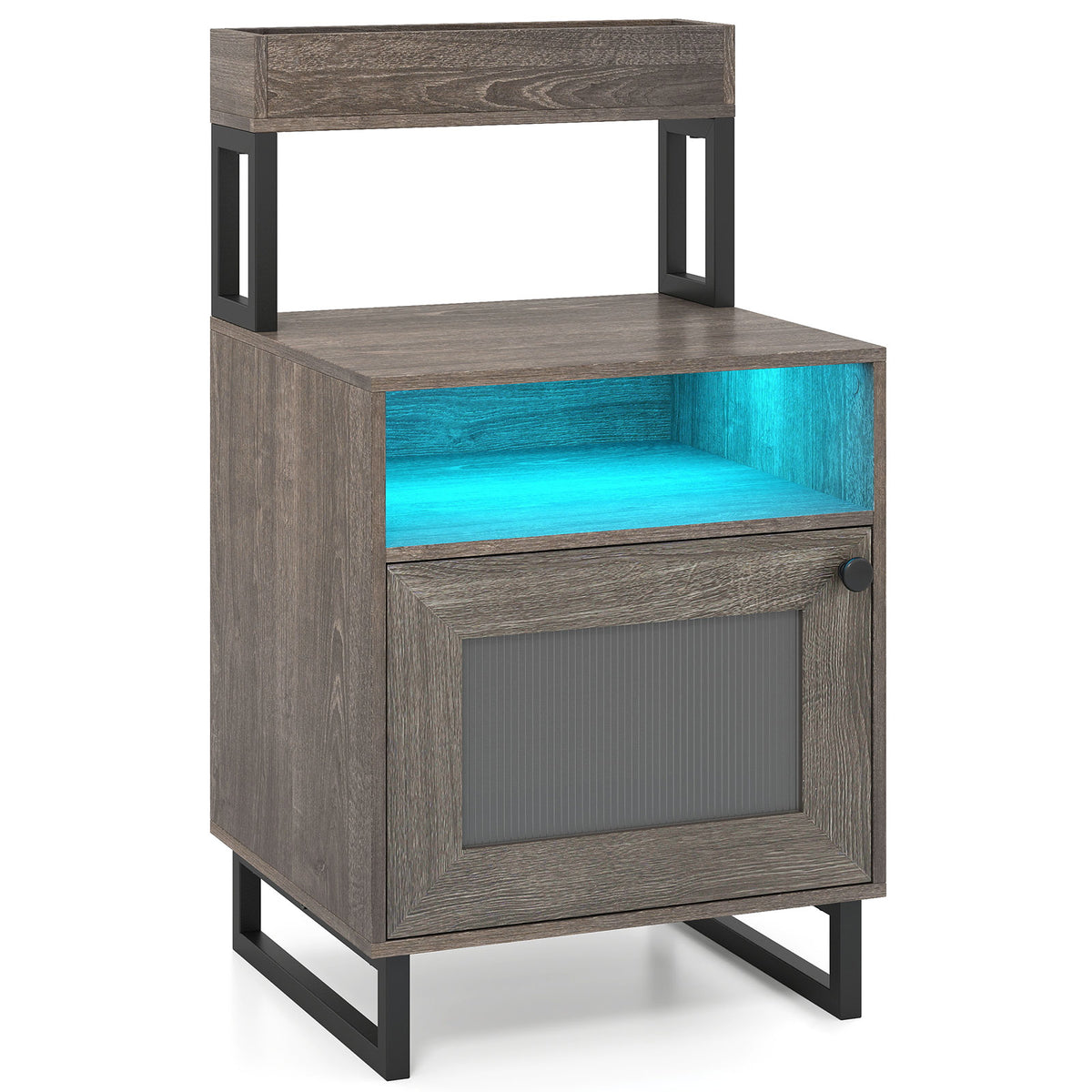 Nightstand with LED Lights Modern End Table with Top Tray Open Compartment and Storage Cabinet-Gray view 4